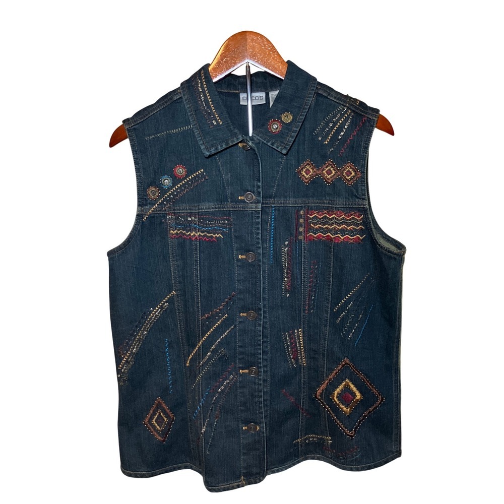 Chico's Denim Vest Women 1 Blue  Embroidered Beaded Boho Southwestern Festival